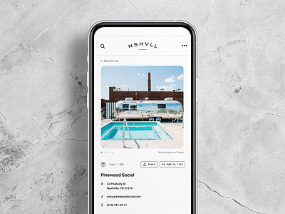 NSHVLL app place detail screen app carousel interface mobile nashville travel ui ux web design