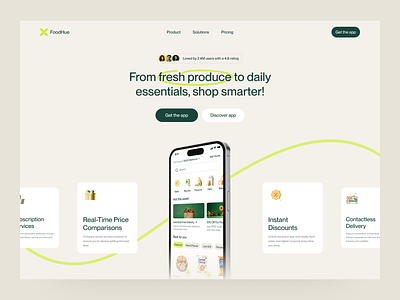 FoodHue - Grocery App Landing Page app beige delivery design food green grocery hero landing landing page mock presentation ui ux web