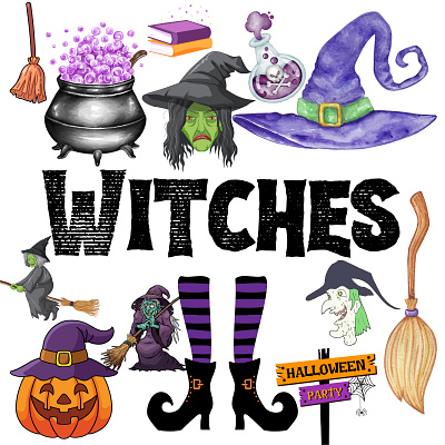 Halloween Clipart Bundle Witches birthday invitation cards bundle clipart commercial purposes digital planners graphic design greeting cards halloween halloween clipart bundle witches holiday logo pillows t shirts thank you cards