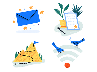 Spot Illustrations 2 art birds branding clipboard cute drawing editorial envelope flat icons illustration map shading spot illustration tasks texture ui wifi