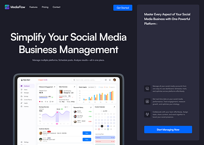 MediaFlow : Social Media Management Dashboard Design business management collaboration tools dark mode ui dashboard design data visualization figma hero section design minimalist design real time analytics responsive design saas design social media management startup design ui design ux design web design