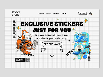 Sticker Shop Landing Page buynow cartoon colors cta ecommerce gray kasakii landing page minimalist shop simple stickers store ui vector