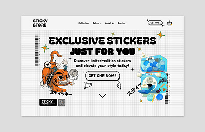 Sticker Shop Landing Page buynow cartoon colors cta ecommerce gray kasakii landing page minimalist shop simple stickers store ui vector