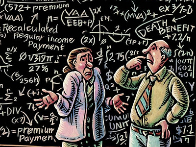 Illustration (New York Times): Computing Your Retirement Funds blackboard editorial illustration hand drawn illustration lisa haney magazine illustration math old school retirement scratchboard teachers