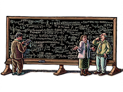 Illustration (New York Times): Computing Your Retirement Funds blackboard editorial illustration hand drawn illustration lisa haney magazine illustration math old school retirement scratchboard teachers