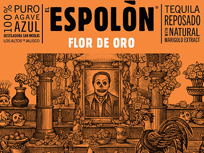 Tequila Espolón Flor de Oro Label by Steven Noble artwork branding design drawing engraving espolon tequila etching illustration line art linocut scratchboard steven noble woodcut