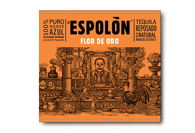 Tequila Espolón Flor de Oro Label by Steven Noble artwork branding design drawing engraving espolon tequila etching illustration line art linocut scratchboard steven noble woodcut