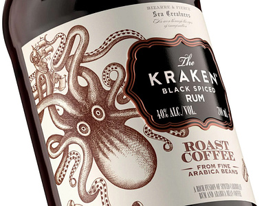 Kraken Black Spiced Coffee illustrated by Steven Noble artwork branding crosshatch design engraving etching illustration illustrator kraken black spiced rum kraken rum line art octopus scratchboard steven noble woodcut