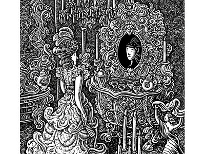 "7 Deadly Sins" chapter illustration: Pride black and white book illustration editorial illustration illustration lisa haney magazine illustration maximalism mirror pride scratchboard wealth woman