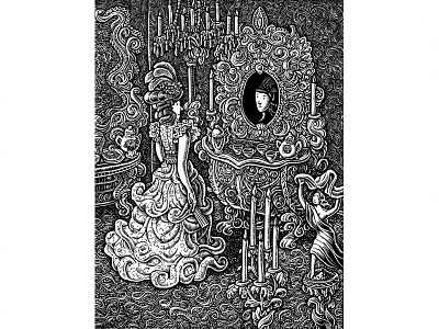 "7 Deadly Sins" chapter illustration: Pride black and white book illustration editorial illustration illustration lisa haney magazine illustration maximalism mirror pride scratchboard wealth woman