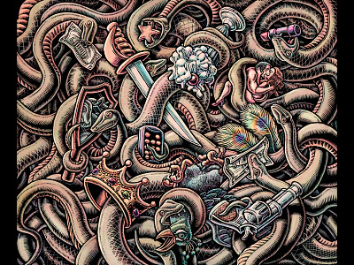 "7 Deadly Sins" Short Story Book Cover Illustration 7 deadly sins animal art book illustration editorial illustration illustration lisa haney magazine illustration scratchboard seven deadly sins snakes