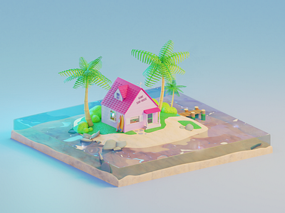 Kame Surf House 3d 3d artwork 3d modeling 3d motion art beach blender dragon ball fan art kame house modeling motion graphics roshi master