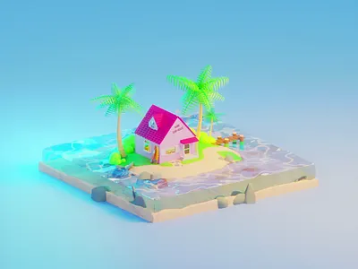 Kame Surf House 3d 3d artwork 3d modeling 3d motion art beach blender dragon ball fan art kame house modeling motion graphics roshi master