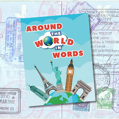 Around the World in Words Puzzle Book book cover branding design graphic design illustration mockup social media