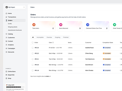 Commerce Platform for Business Growth - Orders analytics b2b clean dashboard design ecommerce light mode marketing tools metrics minimal saas saas dashboard sales dashboard shop shopify store table ui ux web app