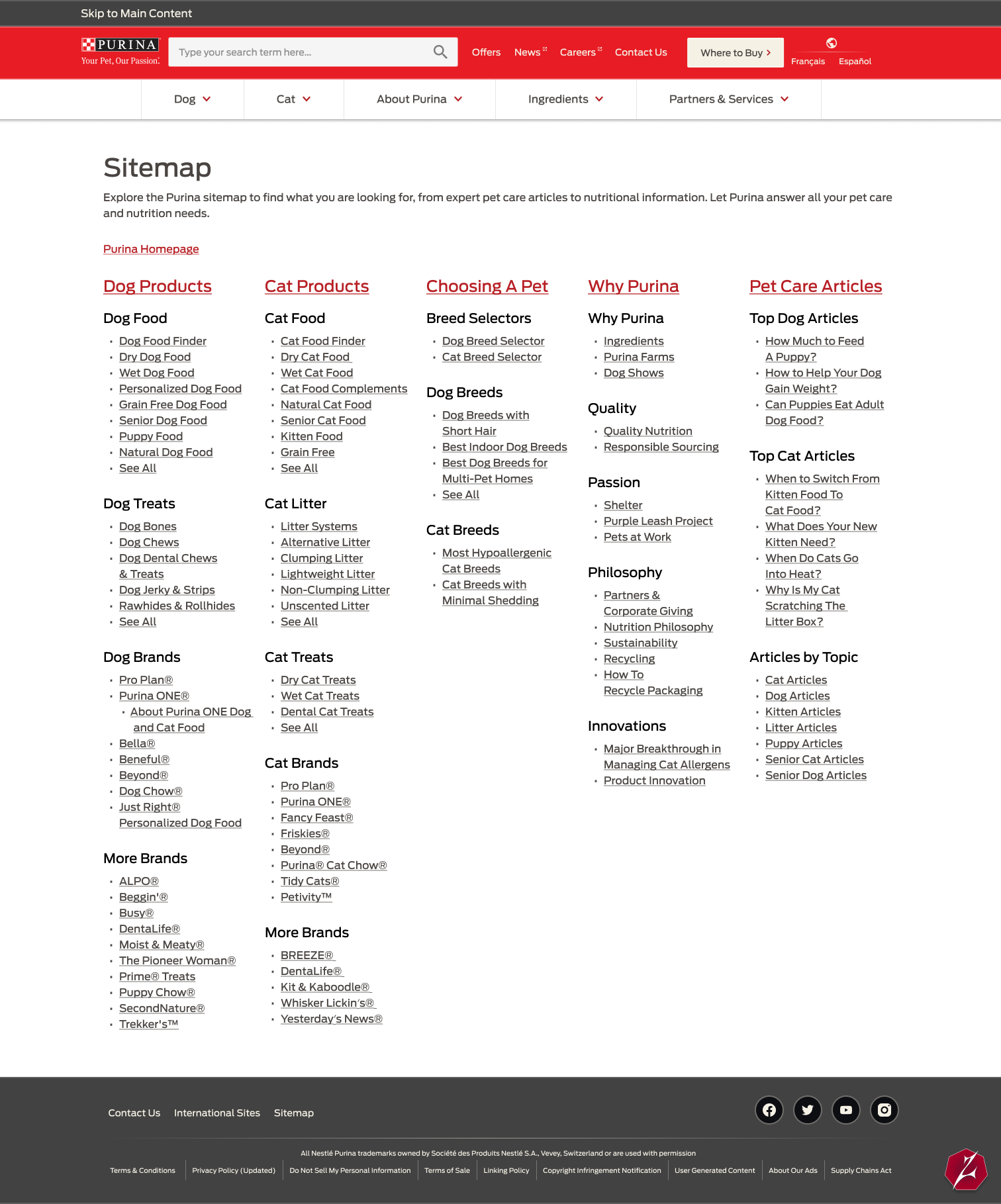 Purina.com Sitemap Page