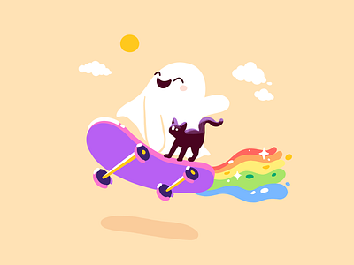 👻Ghost and Skateboard🌴 2d cat character clouds concept day design flat fun ghost halloween happy illustration jump procreate rainbow skateboard summer sun