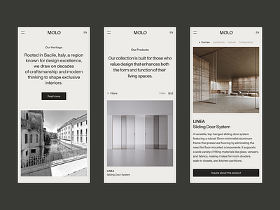 MOLO — Mobile about cards cta design furniture grid header heritage interior design layout minimalist mobile product design product detail products tiles ui ux web website