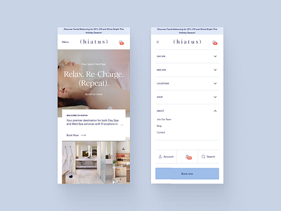 Hiatus — Mobile Homepage & Navbar background cta design expanded header hero medspa mobile navbar product design ribbon spa ui ux web website