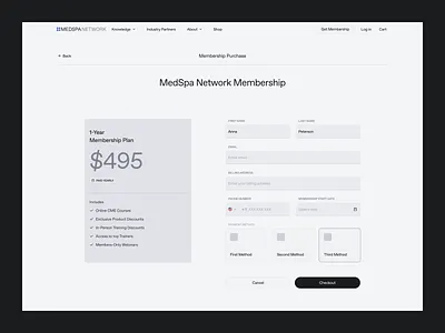 MedSpa Network — Membership Purchase card design desktop form header input learn masterclass medspa membership method network payment product design purchase shopping ui ux web website