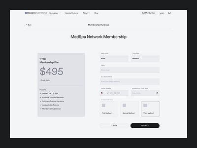 MedSpa Network — Membership Purchase card design desktop form header input learn masterclass medspa membership method network payment product design purchase shopping ui ux web website