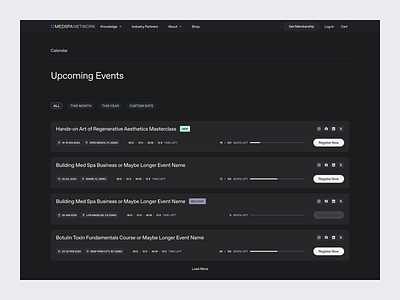 MedSpa Network — Upcoming Events calendar cards dark design desktop events header health healthcare learn list medspa network product design tabs ui upcoming ux web website