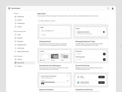 Horizontask - Help Center Pages assistance bento dashboard documentation faq features guidance help help center help desk knowledge product design resources saas solutions support tips uiux website web app web design