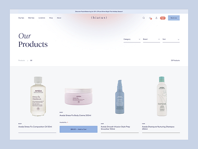 Hiatus — Products cards cart cosmetic design desktop filters gradient grid listing medspa product design products shop sort spa tiles ui ux web website