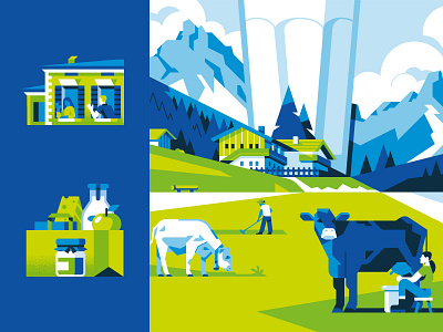 Trentino Marketing - Spot and big illustrations cabin character cow dolomites geometric glass groceries house illustration italy milk mountain nature production tourism