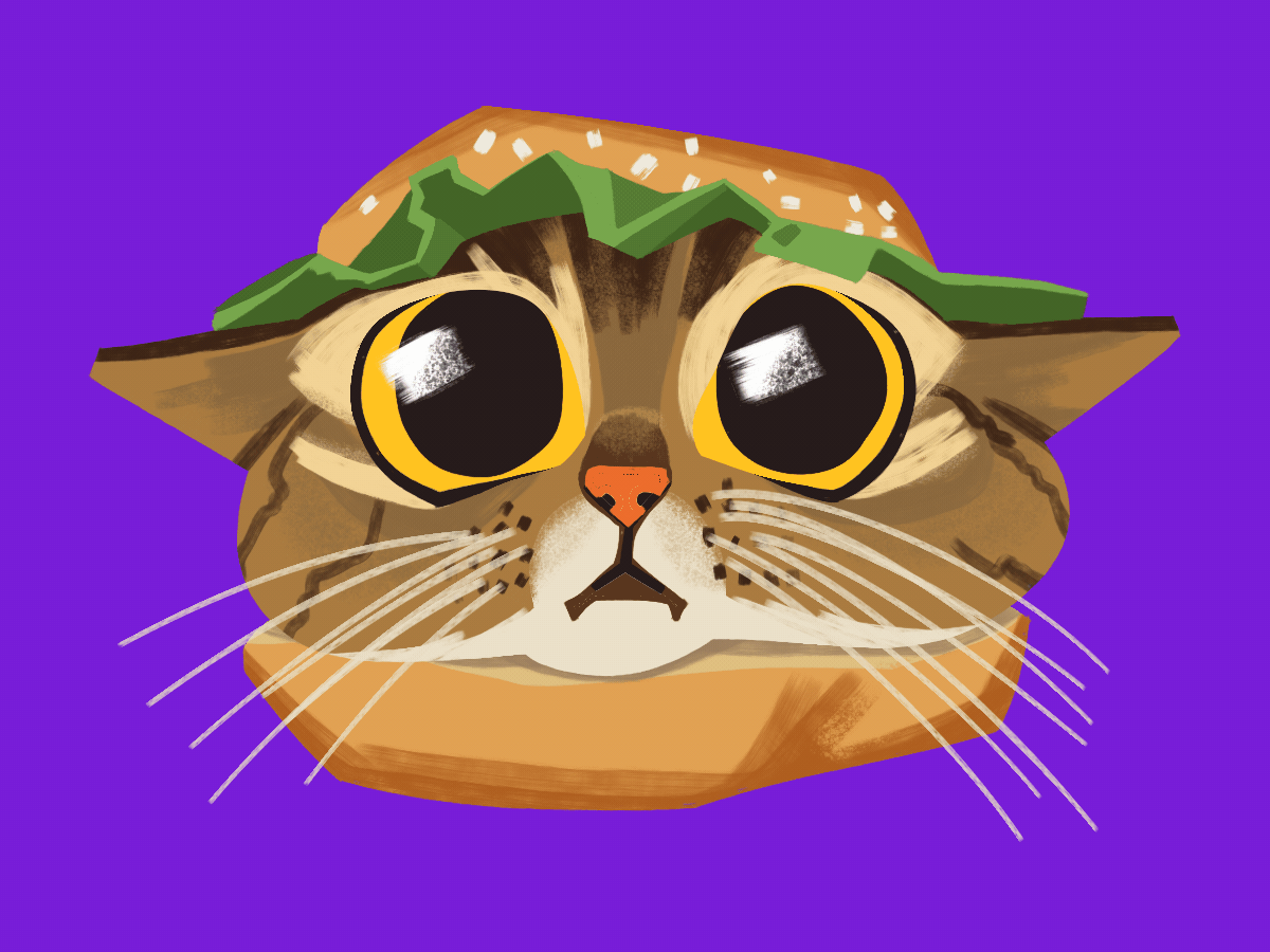 Cat in hamburger 2d animal animation big eyes bun burger cat cat head cute fanny flatten food fright illustration kitty loop meme moho motion graphics squeeze