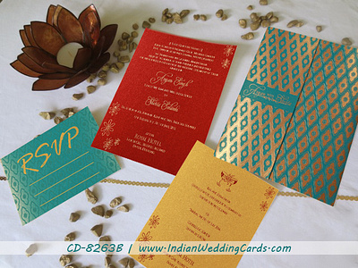 Strong Cyan Shimmery Screen Printed Wedding Invitation indian wedding card designer