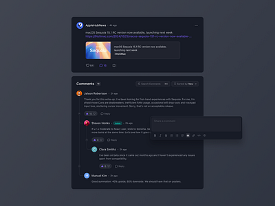 Post Section avatar clean comment comments dark dark mode media minimal post postsection simple social social media status tags ui ui design ui kit uiux ux