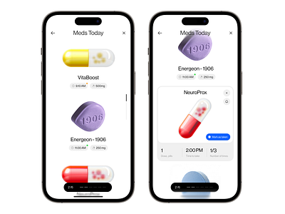 health dose log app / interaction 3d animation button card expand figma interaction ios meds mockup pill prototyping scroll spline ui