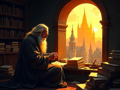 Timeworn Secrets: A Glimpse into the Wizard's Study abode ancient times artificial intelligence cityscape freepik golden hour illustration magic mystery old man research tracingflock