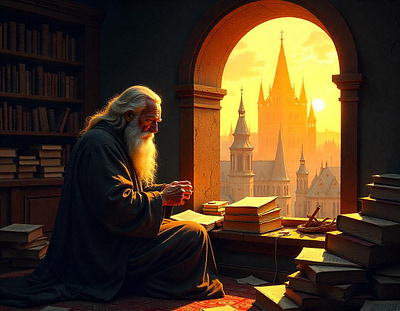 Timeworn Secrets: A Glimpse into the Wizard's Study abode ancient times artificial intelligence cityscape freepik golden hour illustration magic mystery old man research tracingflock