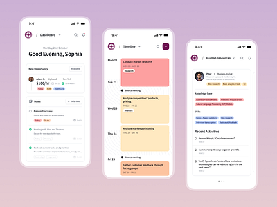 Pink Mobile Screens ai dashboard minimal mobile pink purple red tags timeline ui ui ux voit team