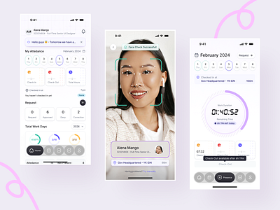 WorkSync - Employee Mobile App absence absent app attedance clean clockin co work employee face recognition facial figma hour hr mobile saas time ui uikit ux working