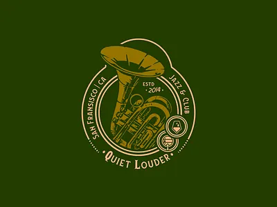 Quiet Louder | Jazz & Club - Lockup / Badge Design badge bar brand identity branding club crest design drawing emblem graphic design illustration jazz lettering lockup logo logo lockup trombone uvowafe