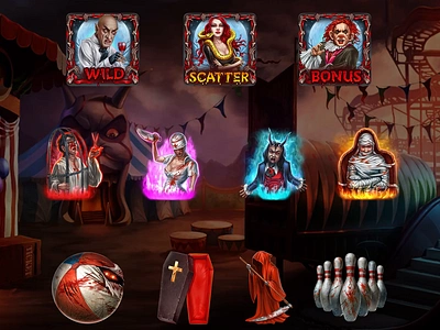 Blood Circus blood casino circus clown death demon gambling game art game design halloween horror knife mummy nosferatu slot design slot machine snake vampire wineglass witch