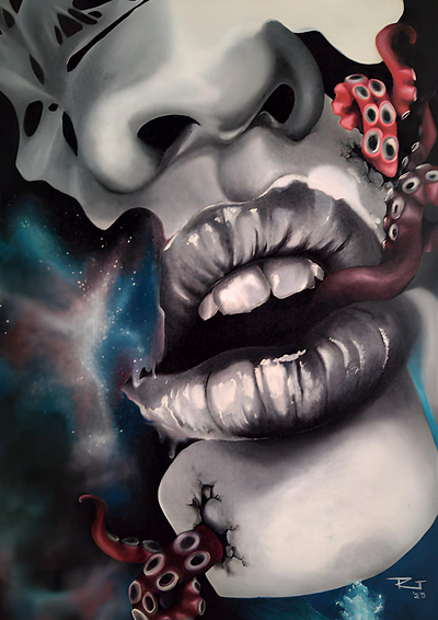 Ethereal anatomy art dark art fantasy art galaxy illustration lips melancholy octopus art painting surreal art surrealism