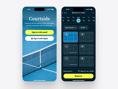 Courtside App apple booking calendar ios product design sign in sports tennis ui