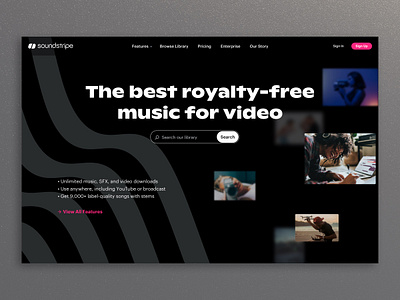 Soundstripe home page hero hero home home page landing page music music app search bar ux web design website