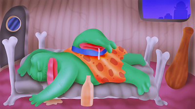 "Borpas sleeping" (extract from an animation) animation art bed cartoon color pencil crypto design draw dream fun illustration interior memecoin music video prehistoric water ink