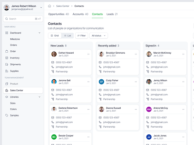 Sales Management Saas Web App - Contacts List account card b2b card card component contact contact account contact list crm detail contact detail contacts product product deesign saas saas management sales sales center sales management saas sales web app uiux web app