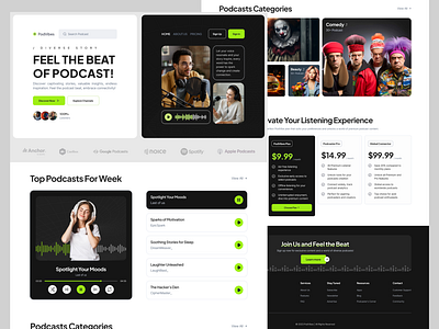 PodVibes - Podcast Landing Page bento bento design black call to action clean clear creative design green highfidelity homepage landing page light mode music podcast ui uiux ux web website