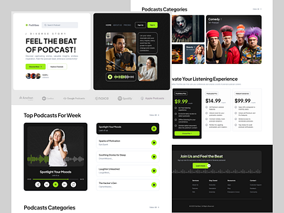 PodVibes - Podcast Landing Page bento bento design black call to action clean clear creative design green highfidelity homepage landing page light mode music podcast ui uiux ux web website