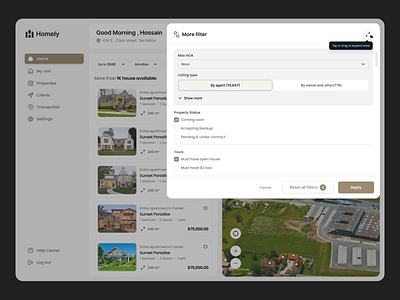 Real estate filtering 3d branding dashboard dashboarddesign minimaldesign property propertyfinder realestate searchfilters ui