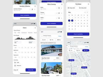 Doorin - Hotel Booking Mobile App Design Template - Hotel Search blue check availability hotel booking hotel reservation hotel searchs map mobile mobile app mobile app design template mobile app template search filters ui ui design ui design template