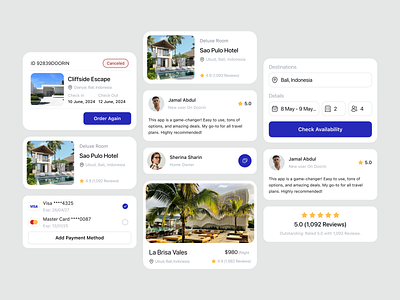 Doorin - Hotel Booking Mobile App Design Template UI Components blue check availability check in check out guest reviews hotel booking hotel reservation mobile mobile app payment method property host property rent room booking ui cards ui components ui design ui snippet