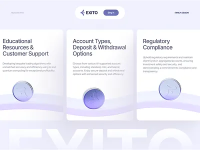 Exito landing page cards 3D assets 3d ai ai web ai website coin dashboard e commerce ecommerce finance fintech landing landing page landingpage product design trading ui ui ux ux web3
